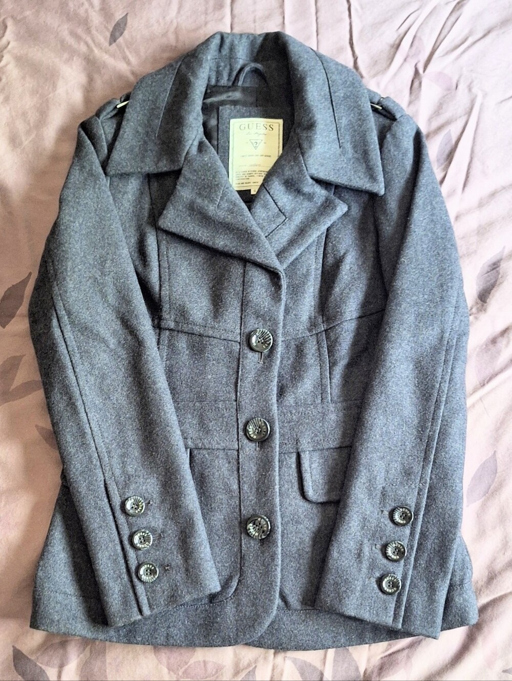 GUESS Los Angeles Gray Wool Blend Tailored Peacoat Jacket with Epaulets - S